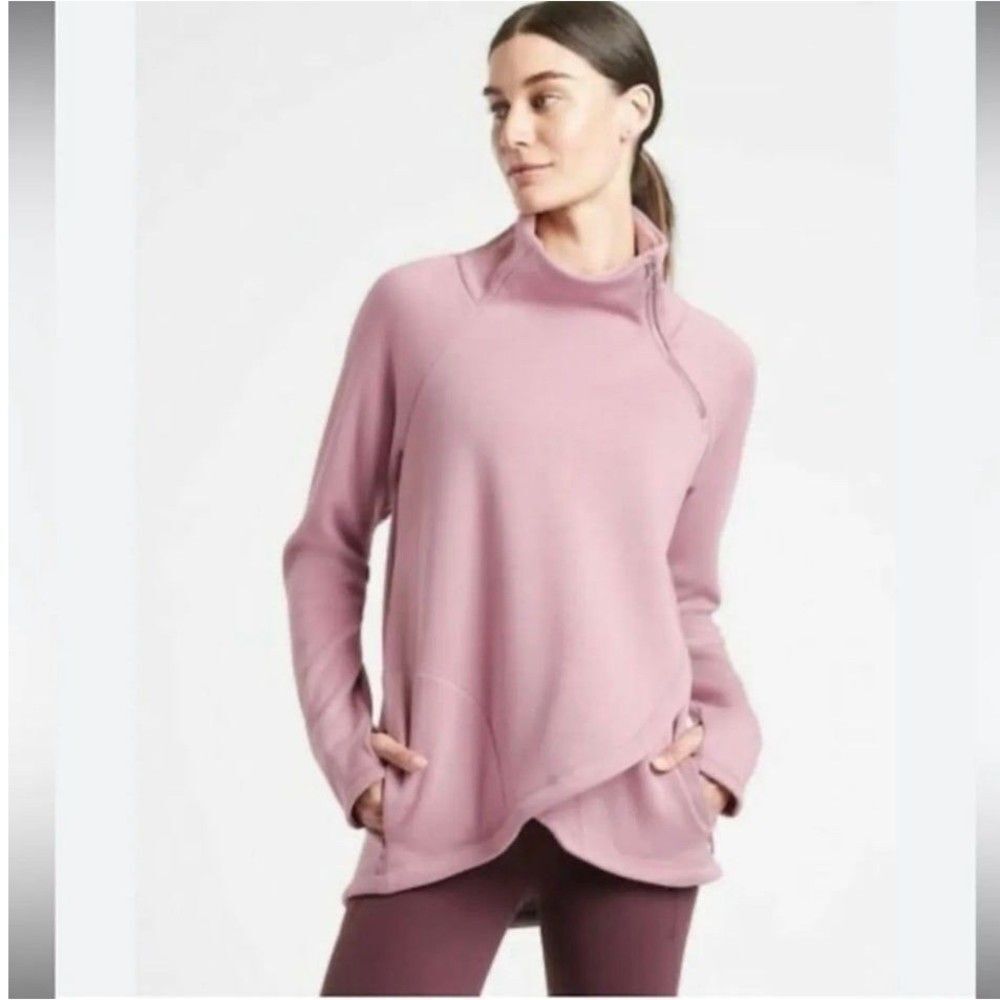 Athleta Cozy Karma Fleece Asym Pullover Sweatshirt Mauve Pink Size XS athleisure